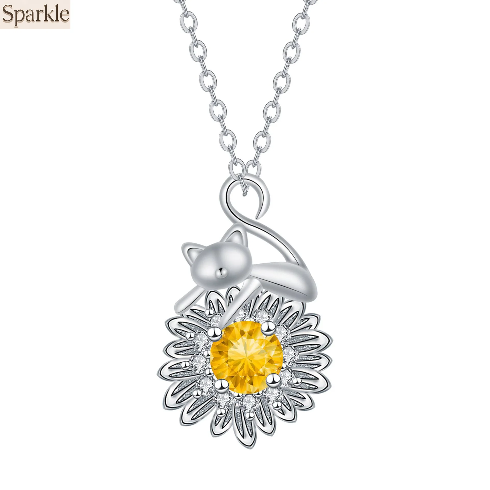 

Cat Lying on Sunflower Stainless Steel Necklace Cute Crystal Necklace High-Quality New Arrival Cute Jewelry Accessory for Women