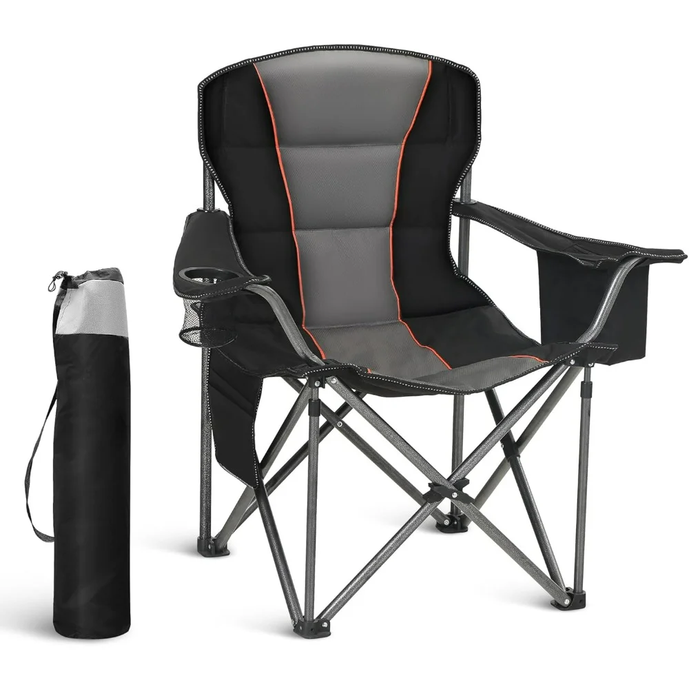 Camping Chair Folding Oversized, Heavy Duty Upholstered Outdoor Chair with Cup Holder Storage Cooler Bag, Camping & Hiking