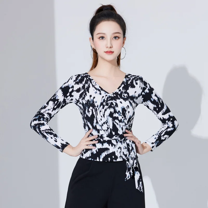 Sexy Female Upperclothing Adults Latin Dance Top Modern Long Sleeve Exercise Waltz Standard Dance Practise Tops For Women 2024