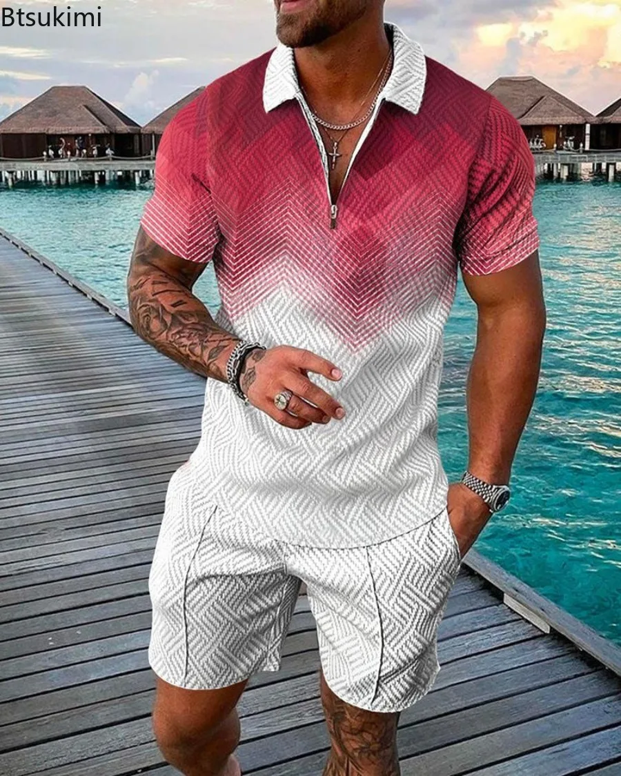 2024 Men\'s Summer 3D Print Pattern Short Sleeve Polo Shirt and Shorts Sets Men Streetwear Casual Sports Men\'s Suits Sets S-5XL