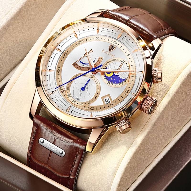 

LIGE Big Dial Leather Army Mens Watches Luxury Sport Waterproof Watch Man Chronograph Quartz WristWatches Montre Homme+Box