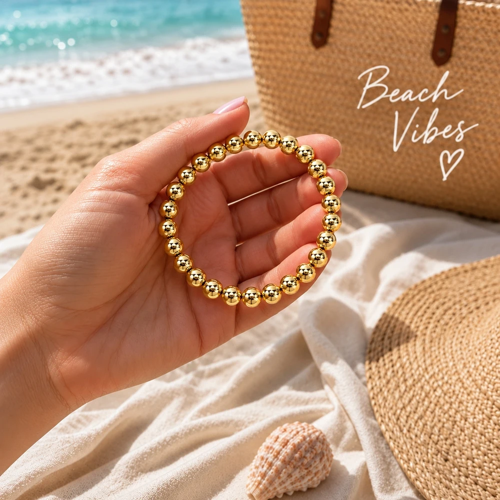 1pc Golden Round Bead Strand Bracelet with Smooth Polished Shiny Sphere Beads Minimalist Elegant Unisex Fashion Style