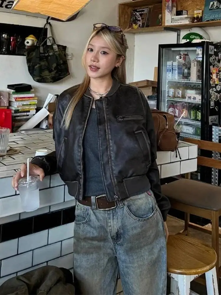 New In Autumn Winter High End Short Motorcycle Leather Jacket Women Top Retro Brown Loose Casual Coat Female Clothing