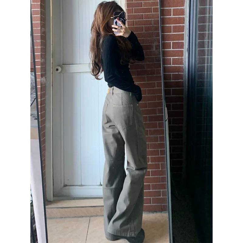 Pantalones vaqueros lavados Retro marrones para mujer, pantalones vaqueros rectos, pantalones casuales de moda, pantalones rectos de calle alta, pantalones vaqueros esenciales Y2k