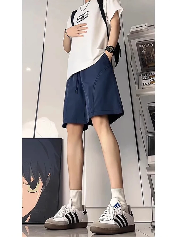 

Мужские летние тонкие спортивные брюки в американском ретро-стиле, до колена, прямые, средней длины, для работы, синие