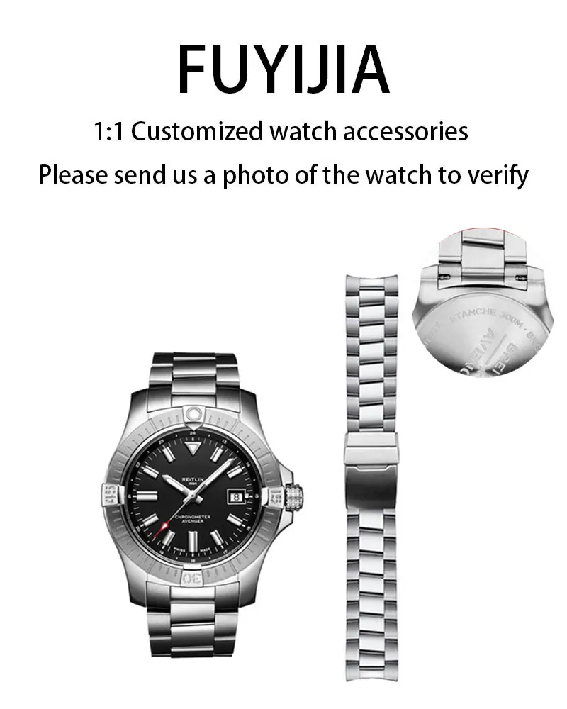 

FUYIJIA Male Custom AVENGER A17328 Original Watchbands 22mm Curved Interface 316L Stainless Steel Strap Folding Buckle Bracelet