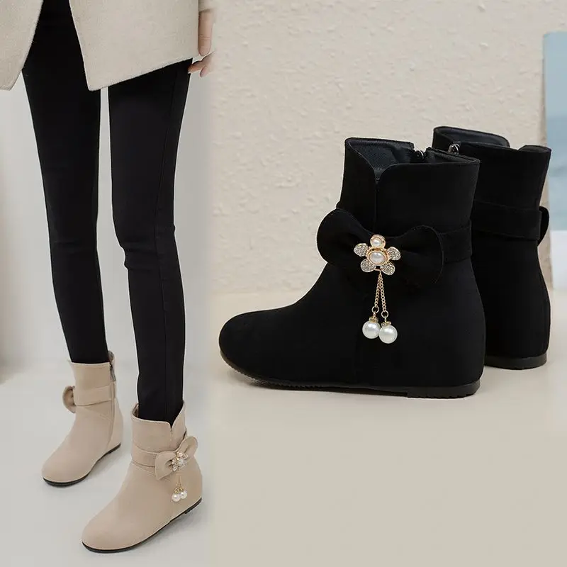 

Girseaby Fashion Design Women's Ankle Boots Round Toe Increased Heel Flock Suede Bowknot Size 42-43 Sweet Daily Style Beige