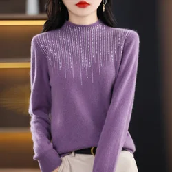 Fall/Winter Semi-Turtleneck Diamond Merino Pure Wool Knit Sweater Women's High-End Chic Slim Jumper High Stretch Pullover Tops