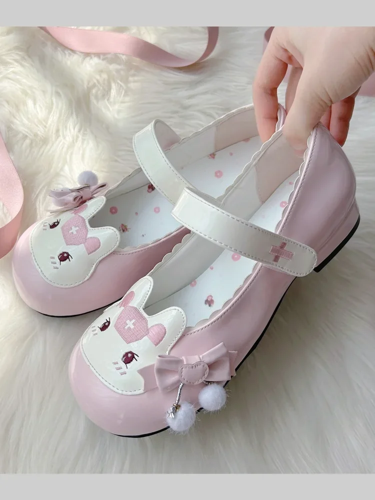 Kawaii Bow High Heels Elegant Princess Leather Shoes Lolita Round Head Embroidery Low Heel Summer Heels Girls Single Shoe