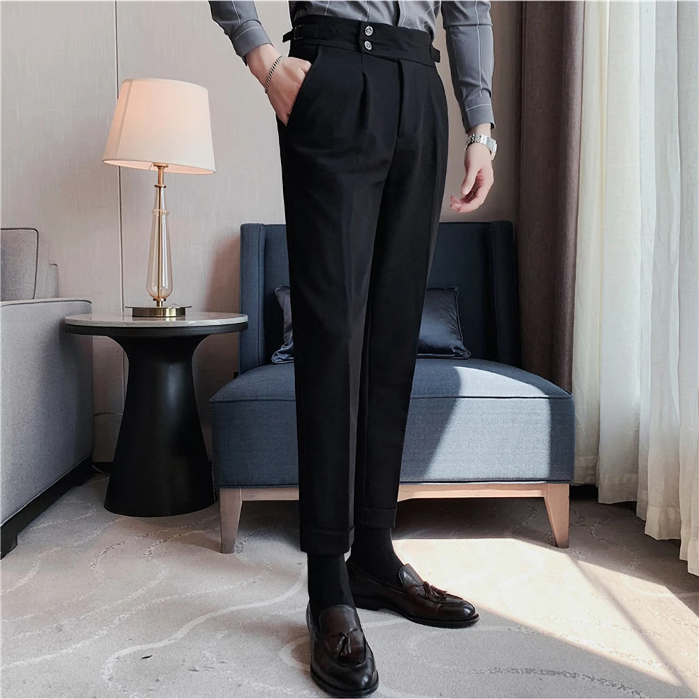 Navy Blue Male Pants Summer Fashion Solid Color High Waisted Trousers Men Wedding Business Casual Slim Fit Wool Social Pants