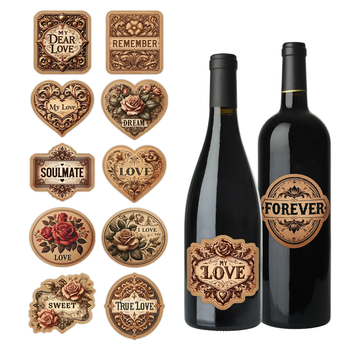 12pcs Vintage Wine Bottle Stickers,Label With Love Phrase Design,For Valentine's Day,Anniversary,Romantic Gift Wrap​,Party Decor