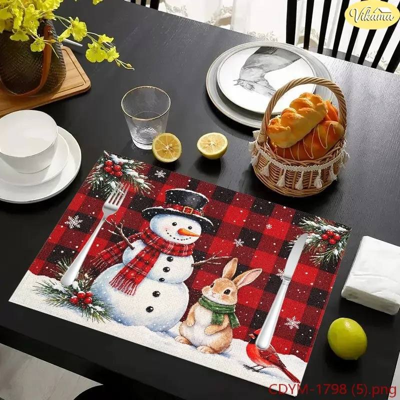 VIKAMA Christmas Placemats, Burgundy Joy to the World Bauble Frosted Pine Design, Washable Winter Holiday Dining Mat