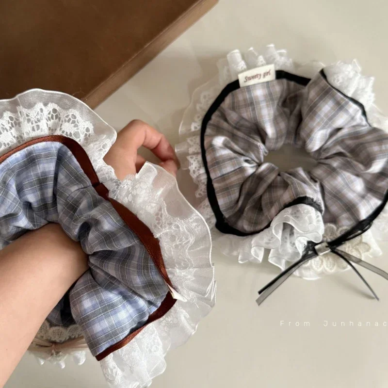 

2025 New Plaid Floral Lace Large Intestine Hair Band Female Sweet and Cute Hair Tie Large Beautiful Hair Accessories Headband