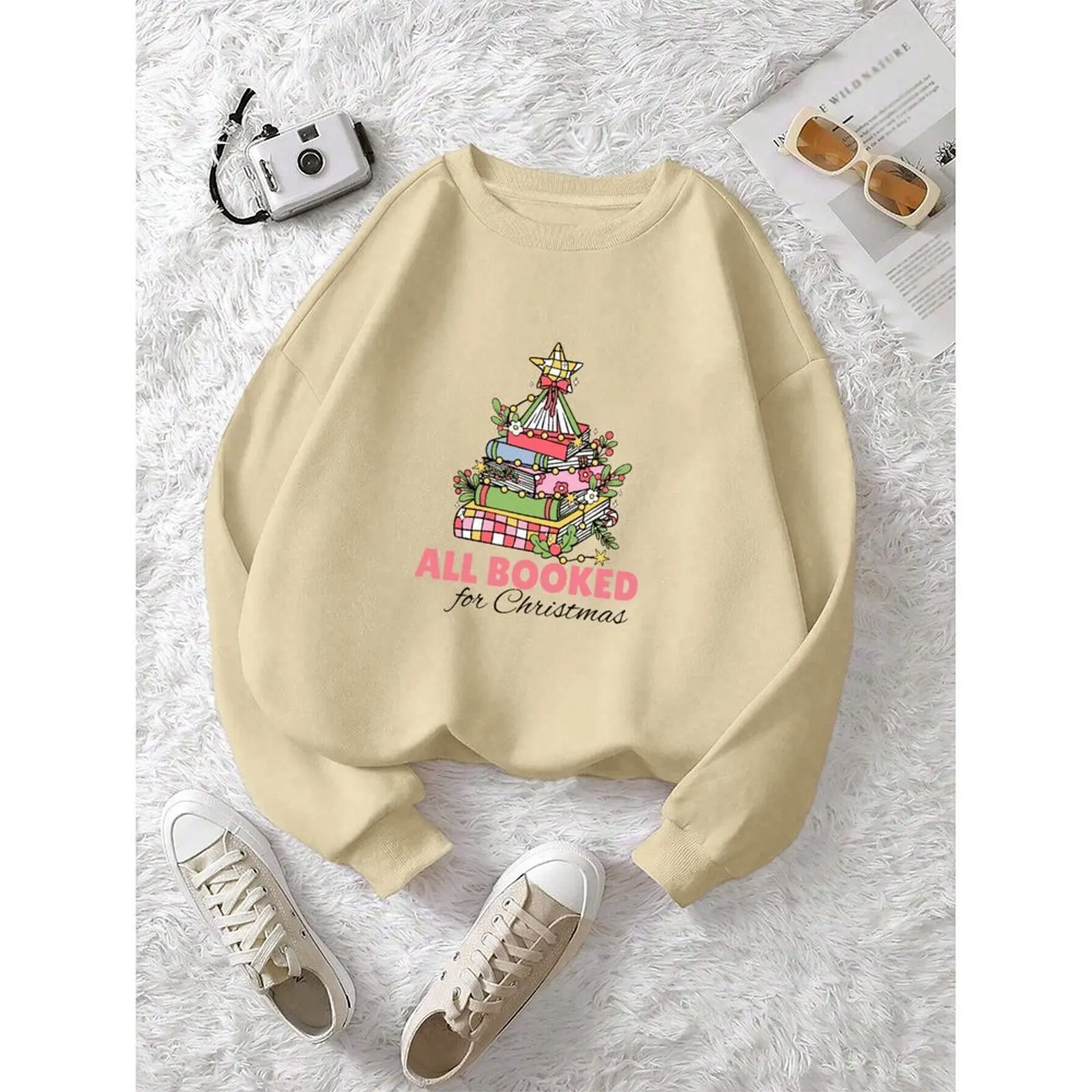 

Woman Sweatshirts O Neck Women Sweatshirt Velvet Winter Casual Loose Comfortable Book Christmas Tree Printed Pattern Pullovers