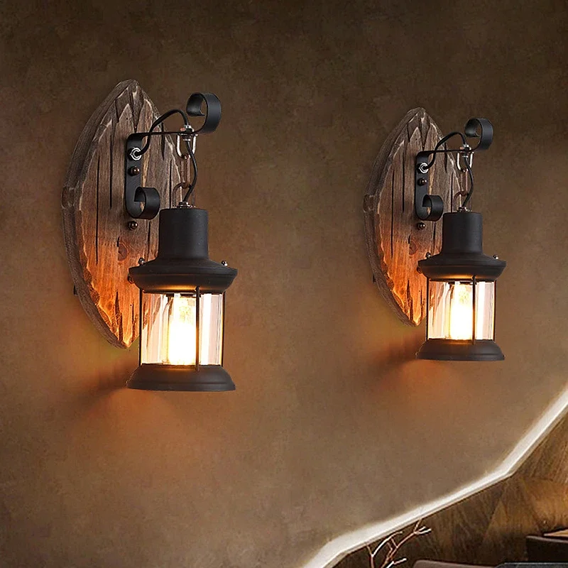 LED Outdoor Wall Lamp Antique Wood Glass Vintage Industrial Retro Wall Sconce for Bedroom Restaurant Cafe Bar Loft