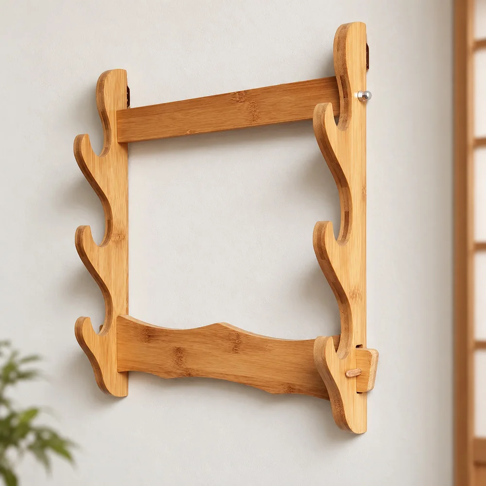 3 Tier Wooden Wall Mounted Sword Display Rack, 40 x 35 cm Katana Holder, Curved Horizontal Supports, Cosplay Prop Storage Decor