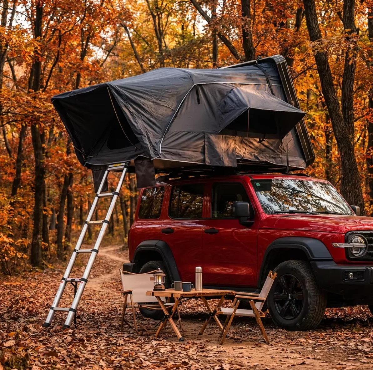 Outdoor Pop Up Car Tent Waterproof Fabric Hard Shell Roof Top Tent With Telescopic Ladder