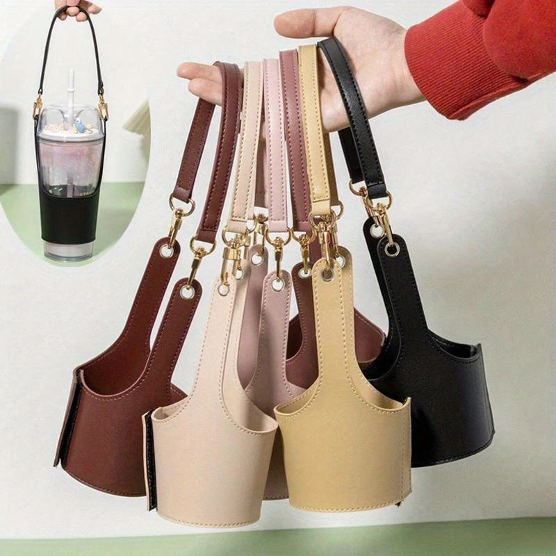 【P】Leather Cup Cover Pouch Portable Water Bottle Sleeve Bag Leather Carrying Strap Insulating Cups Milk Tea Coffee Cup Accessory