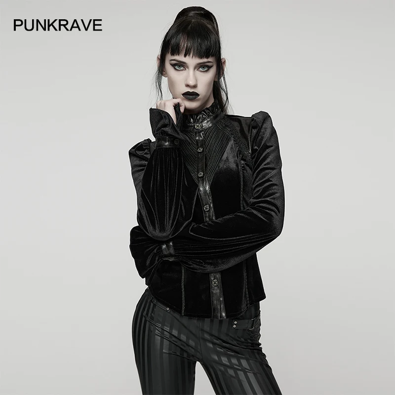 فاسق الهذيان المرأة القوطي رائع تمتد المخملية البصرية قميص حساسة ثلاثية الأبعاد مثلث مقلوب الملمس التطريز القمم 2 ألوان