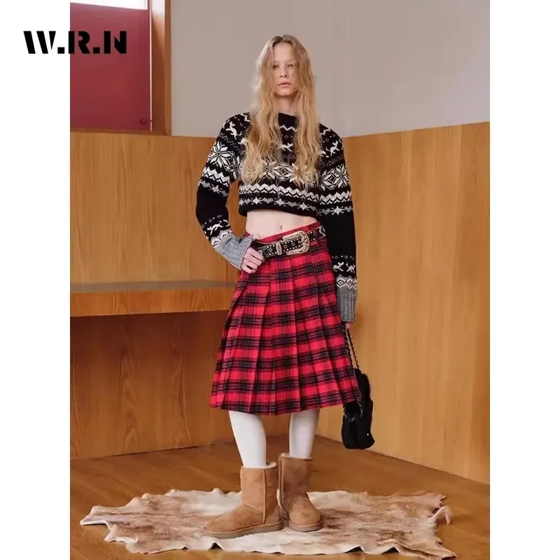 Pullover a maniche lunghe lavorato a maglia con stampa geometrica stile vintage da strada da donna 2025 Maglione grunge allentato con collo slash casual invernale