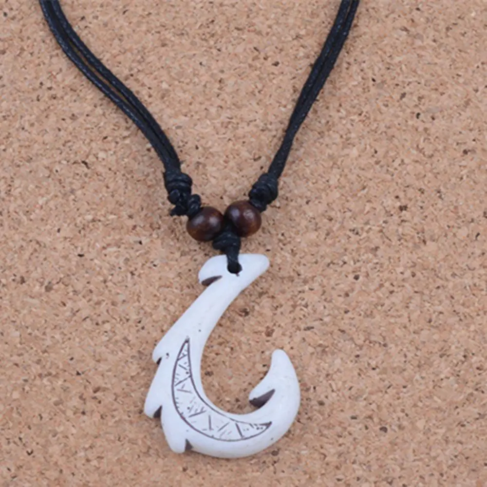 Black Hawaiian Ethnic Maori Cotton Cord Beaded DIY Jewelry Fish Hook Pendant Necklace Handmade