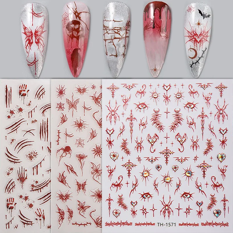 1pc 3D Red Skeleton Hand Nail Art Stickers Press On Nails Self Adhesive Halloween Nail Decals Festive Atmosphere Decorations