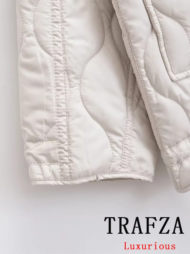 TRAFZA-Casacos grossos de gola alta para mulheres, outwear casual vintage, jaquetas grandes, bolsos, zíper, nova moda, outono e inverno 2022