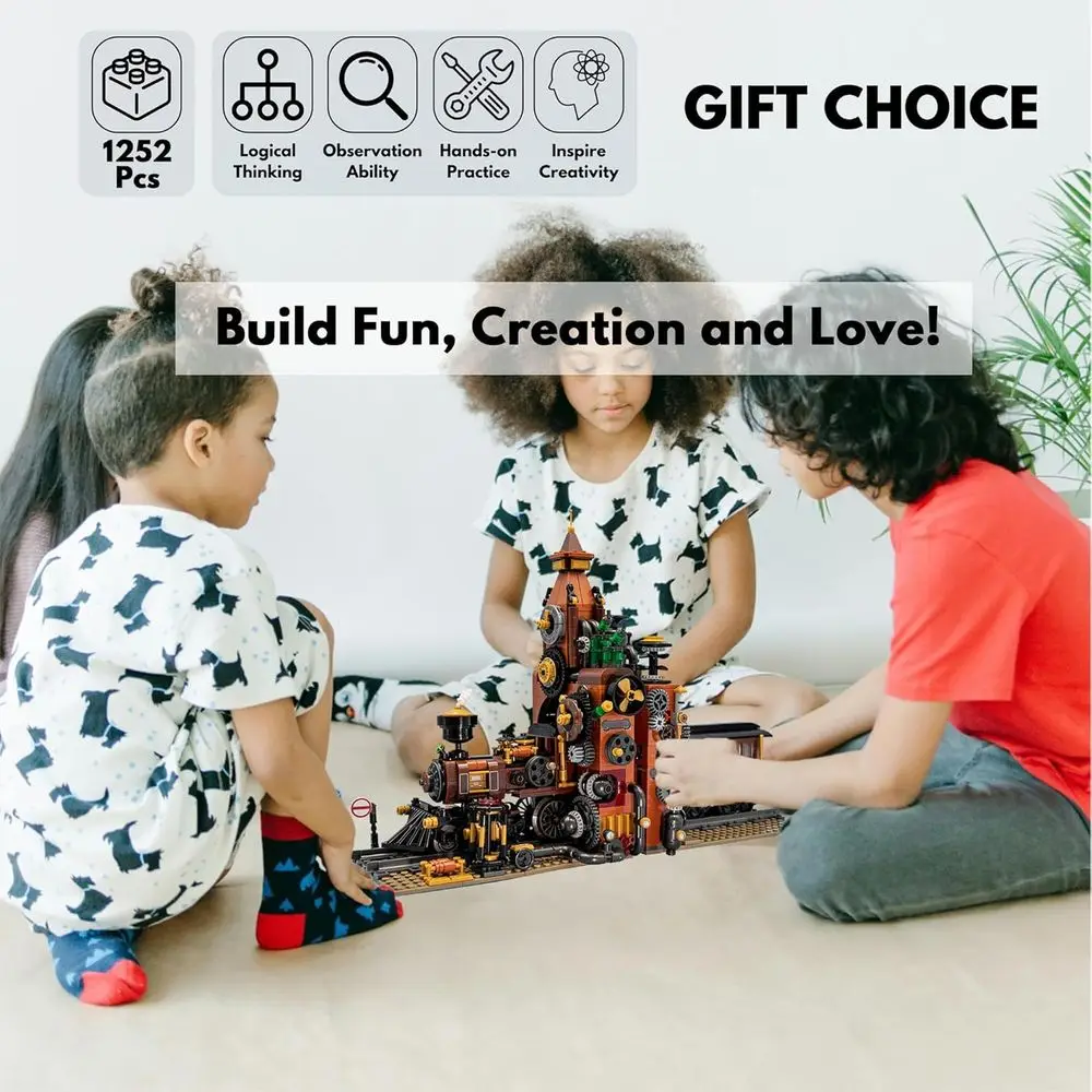 Podpórki do książek w stylu steampunk z klockami konstrukcyjnymi, funkcją podświetlania, szczegółowym mechanizmem (1252 elementy)