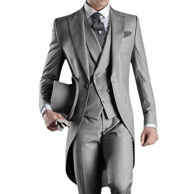 Abrigo de cola gris para boda para hombre, 3 piezas, esmoquin para novio, trajes formales para graduación, conjunto de moda, traje para hombre,