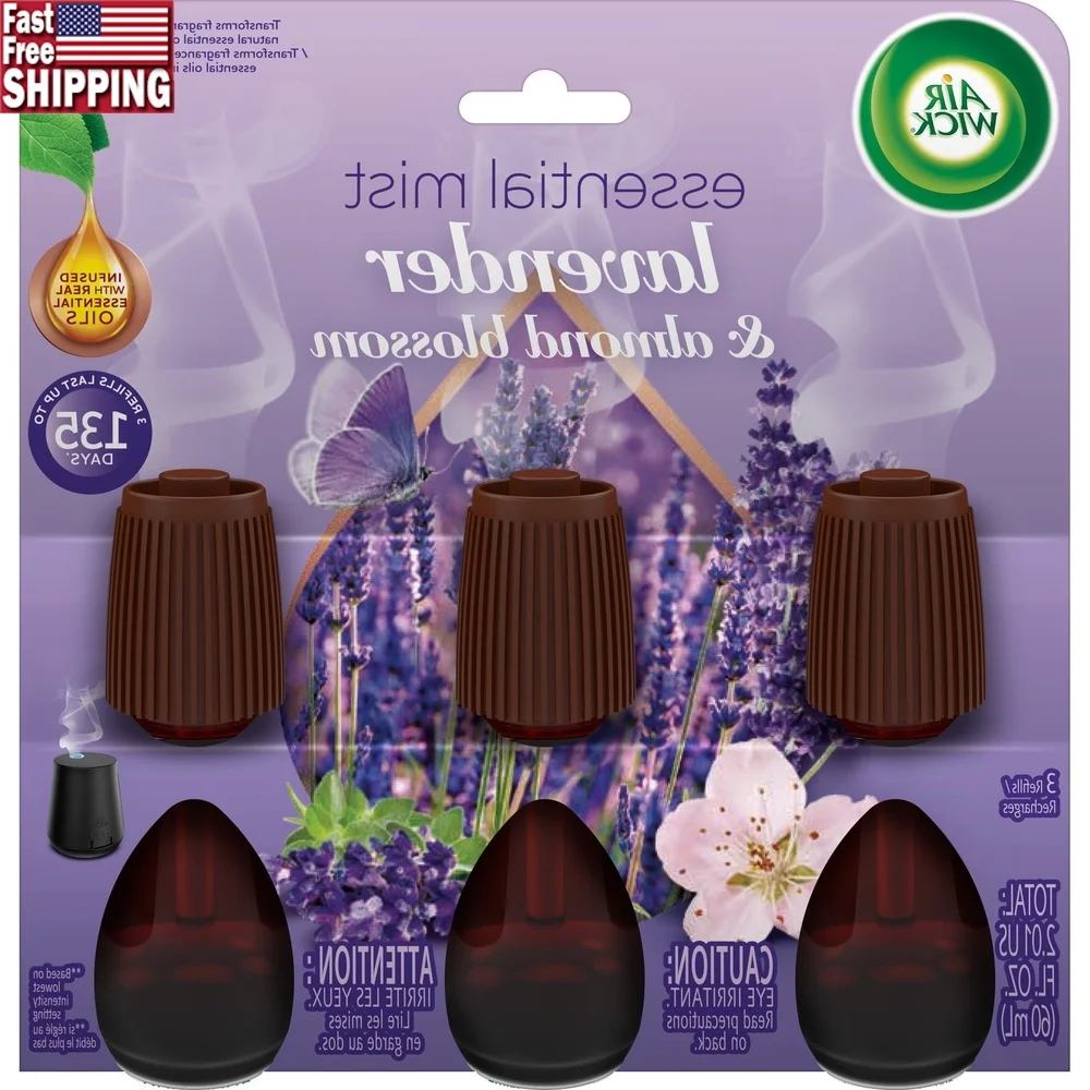 Recambio de niebla esencial, difusor de aceites esenciales de flor de almendra y lavanda, ambientador portátil ajustable, eliminador de olores, 3 unidades