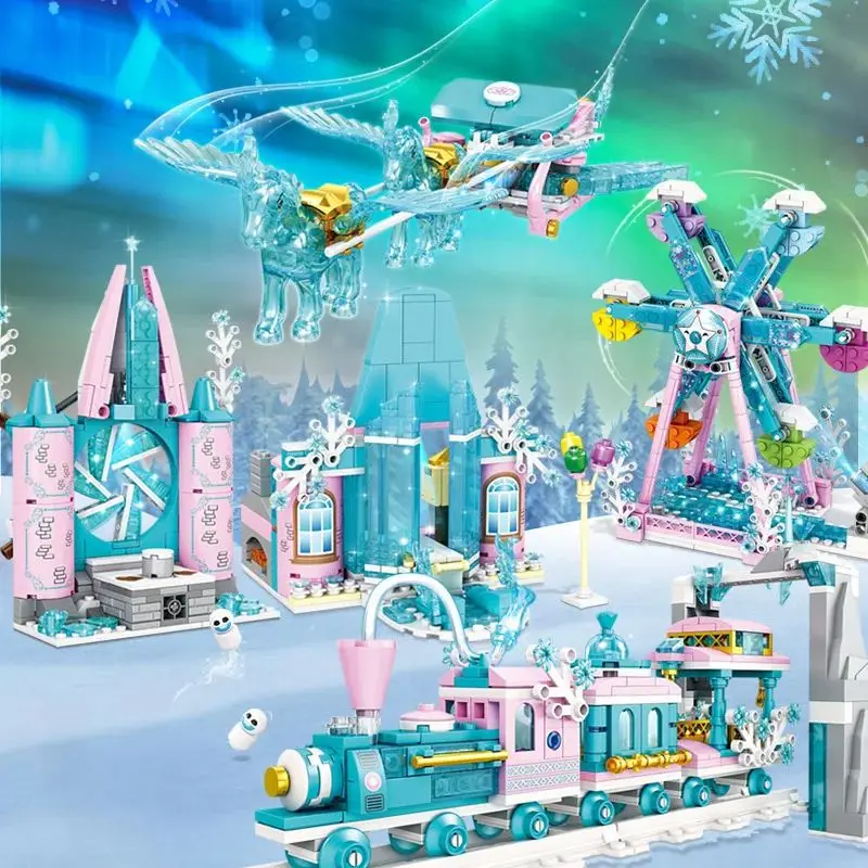 Ice and Snow World Series ABS Building Block Set Snowman Carriage Sleigh Snow Country Train Princess Theme With Color Boxed