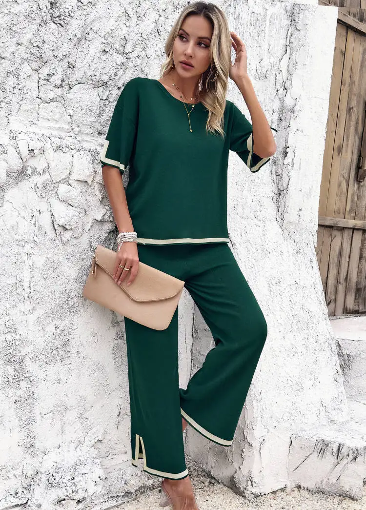 

2024 Spring And Summer Casual Suit Women's Outfit Round Neck Short Sleeve Knitted Top + Slit Nine-Point Pants 2-piece Suit