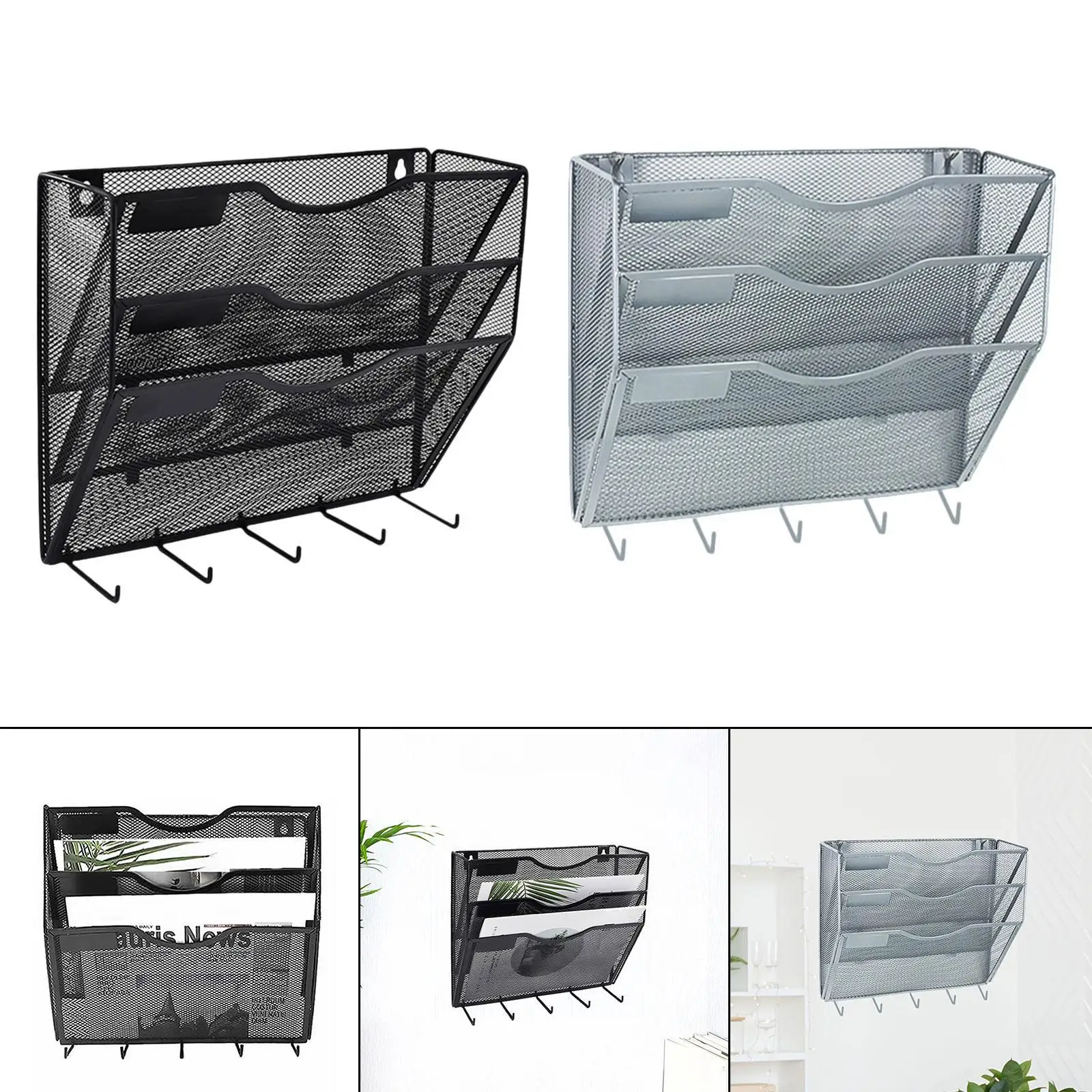 Wall File Mail Organizer for Home Office A4 Paper Storage with Hooks Easily Install Multipurpose Space Saving Paper Folder