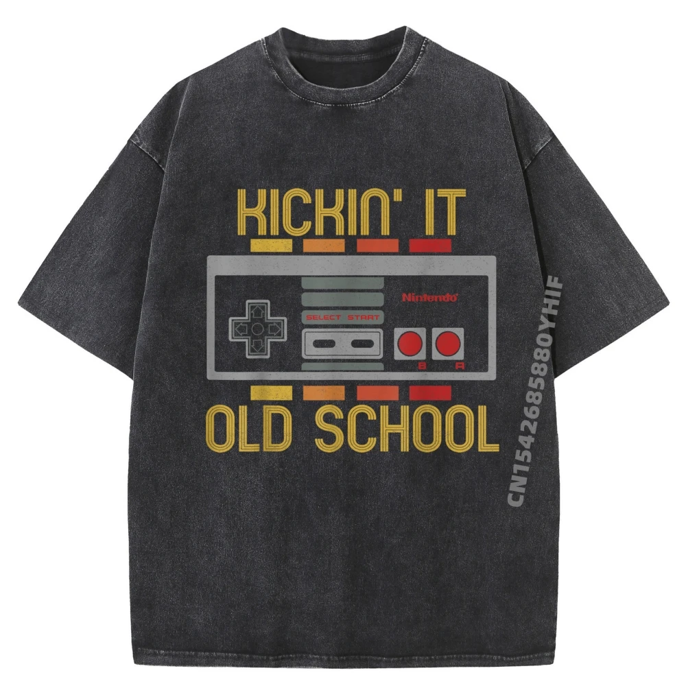 

Nes Retro Kickin' It Old School T Shirt Men 100% Cotton T Shirt Homme Big Size Streetwear Washed Shirt