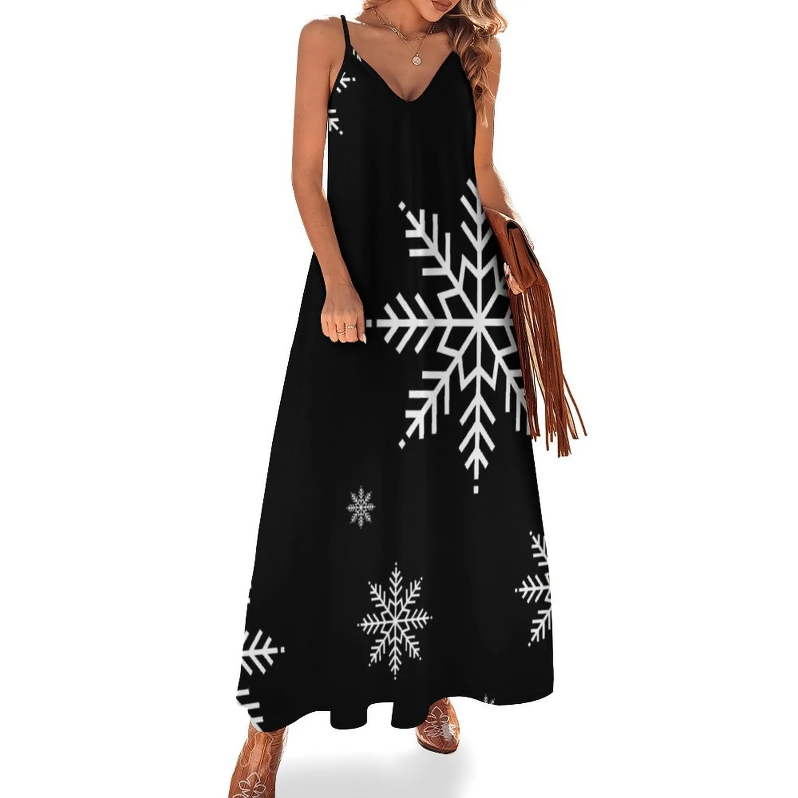 Snowflakes. Black Christmas Sleeveless Long Dress Long dress woman cocktail dresses women party dresses Dress