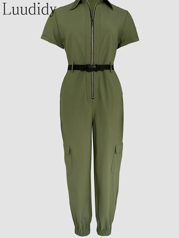 Umlegekragen, kurze Ärmel, Reißverschluss vorne, Bündchen, Overall, lässiges Taschendesign, Cargo-Strampler mit Gürtel