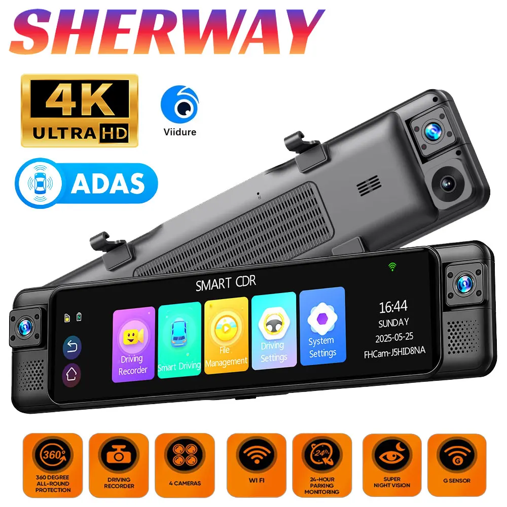 11'' Mirror Dash Cam with ADAS & BSD 4 Channel 360° 4K Rear View Mirror Front Left Right Rear Car DVR Loop Recording Black Box