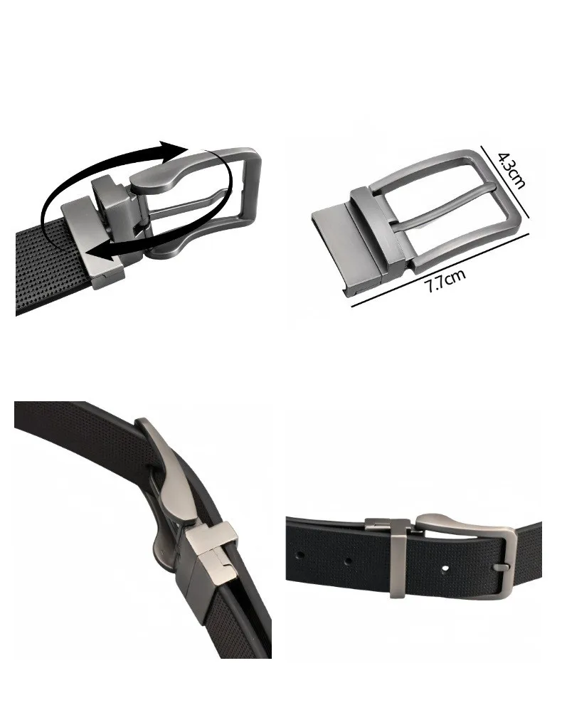 Neuer Herrengürtel aus Leder mit drehbarer Schnappverschluss-Schnalle und zweifarbigem Korpus, Luxus-Herrengürtel aus echtem Leder, 3,3 cm breit – Detail 10