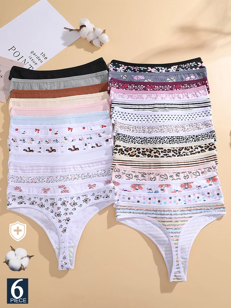 FINETOO 6 Stück Damen Weiche Baumwolle T-Back Low Rise Tangas Blumenmuster Kirsch-G-String Leopardenmuster Unterhosen Atmungsaktive Stretch-Unterwäsche