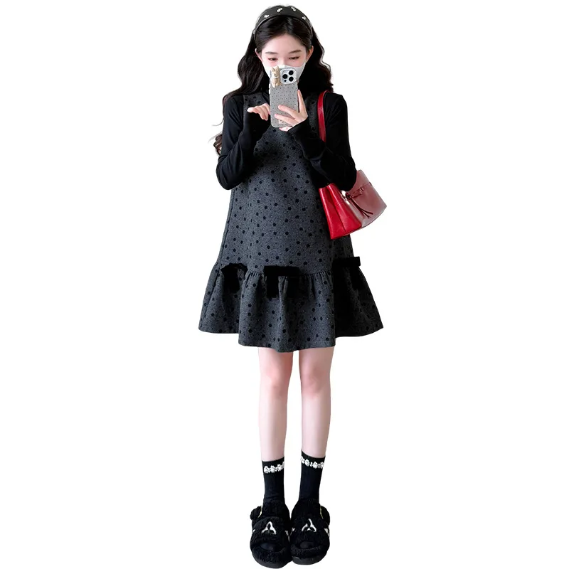 2025 vestido de embarazo pequeño de estilo francés, vestido de chaleco sin mangas de otoño, conjunto de dos piezas, traje de maternidad elegante favorecedor de longitud media