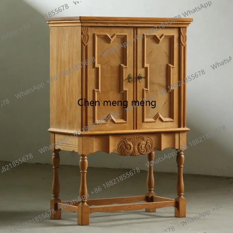 

French vintage solid wood entryway cabinet carved double door storage cabinet floor-to-ceiling log color storage cabinet