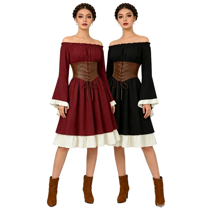 Medieval Renaissance Midi Dress Women Pirate Cosplay Costume Off Shoulder Long Flare Sleeve Corset Waist Vintage Gothic Outfit - view 3