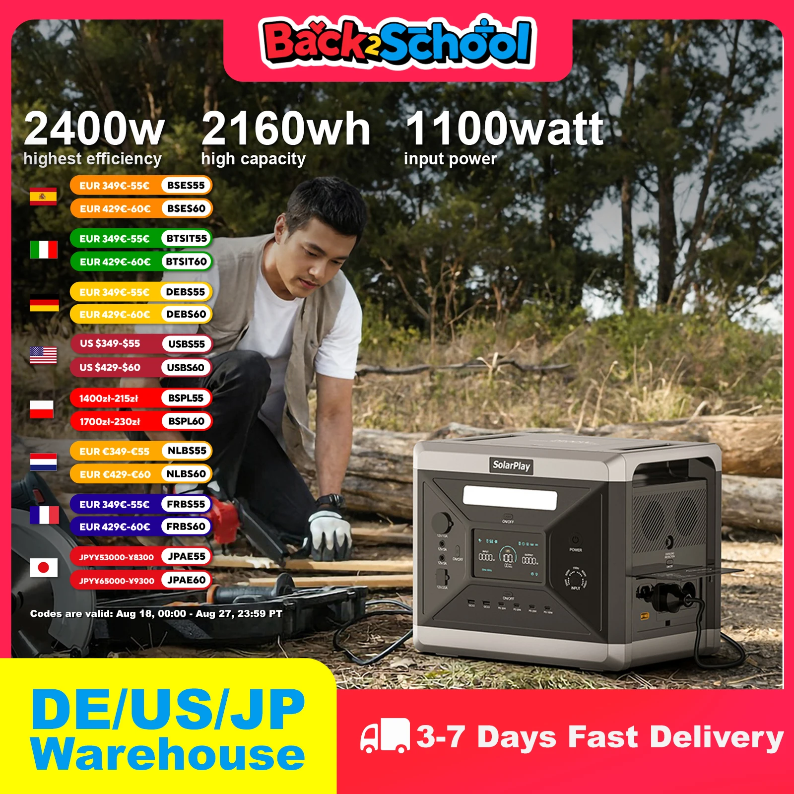 

SOLARPLAY 2400w Portable Power Station Q2501 Solar System Kit Complete Home Camping Car Panel IP65 Waterproof Outdoor Supply