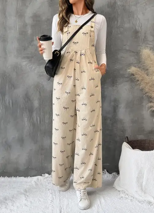 Women's Jumpsuit 2025 New Sweet Style Jumpsuit Butterfly Knot Warm Corduroy Suspender Overalls Minimally Casual Elegant Jumpsuit