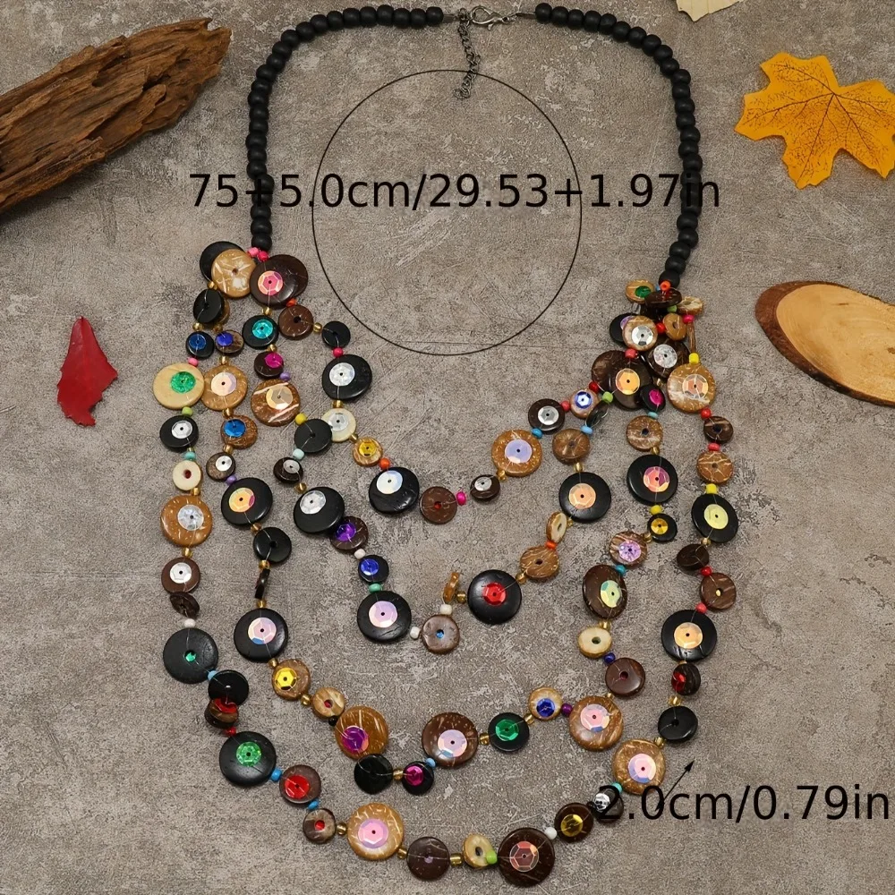 Bohemian national wind multi-layer coconut shell beaded necklace female long, wood beads may have small flaws, uneven color
