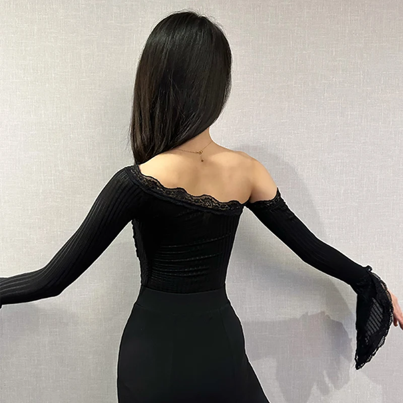 Sexy Slant Shoulder Latin Dance Tops Black Lace Long Sleeves Bodysuit Women Rumba Ballroom Dance Performance Clothes DNV19312