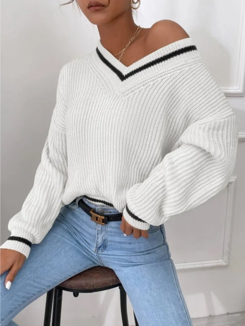 England Style Black and White Striped Sweater Spring Autumn Women V-Neck Loose Casual Pullovers Preppy Style Tennis Knit Sweater