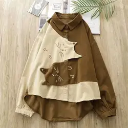 Unique Kawaii Cartoon Hug Cats Kitty Corduroy Long Sleeve Shirt Blouse Winter Mori Girl Women's Patchwork Print Shirts Fashion