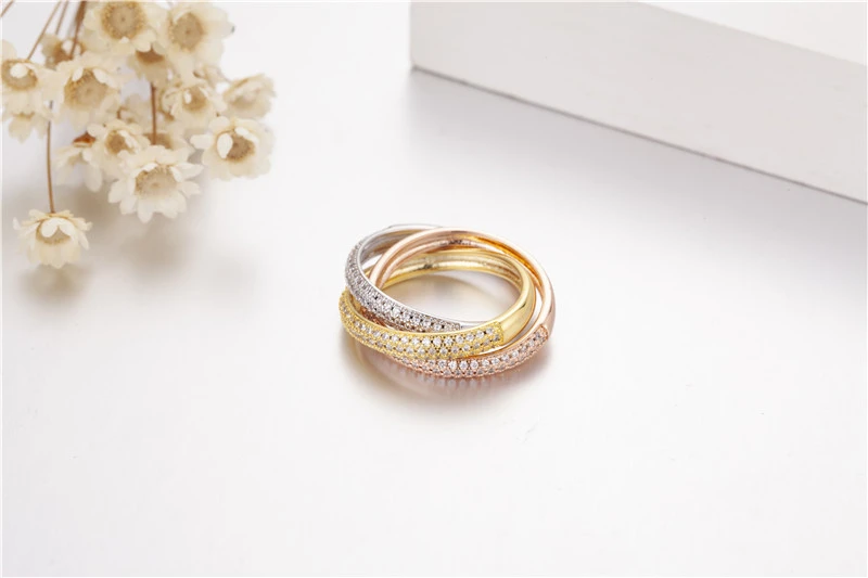 Triple Circles Gold/Rose Gold/Silver Rings for Women Men Three Colors 925 Silver Pave diamond Women Wedding Ring Finger Jewelry