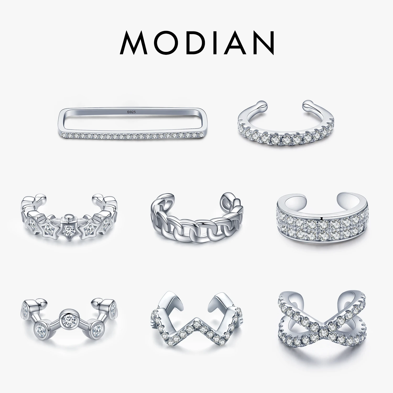 MODIAN 1 Piece Wave Ear Clips 925 Sterling Silver Fashion Zircon Star Cross Small Cuff Earrings For Women Fine Jewelry Gifts